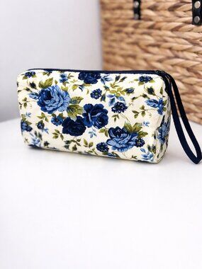 Blue Floral Cosmetic Bag / Toiletry Pouch – Quilted Makeup Bag with Wrist Strap